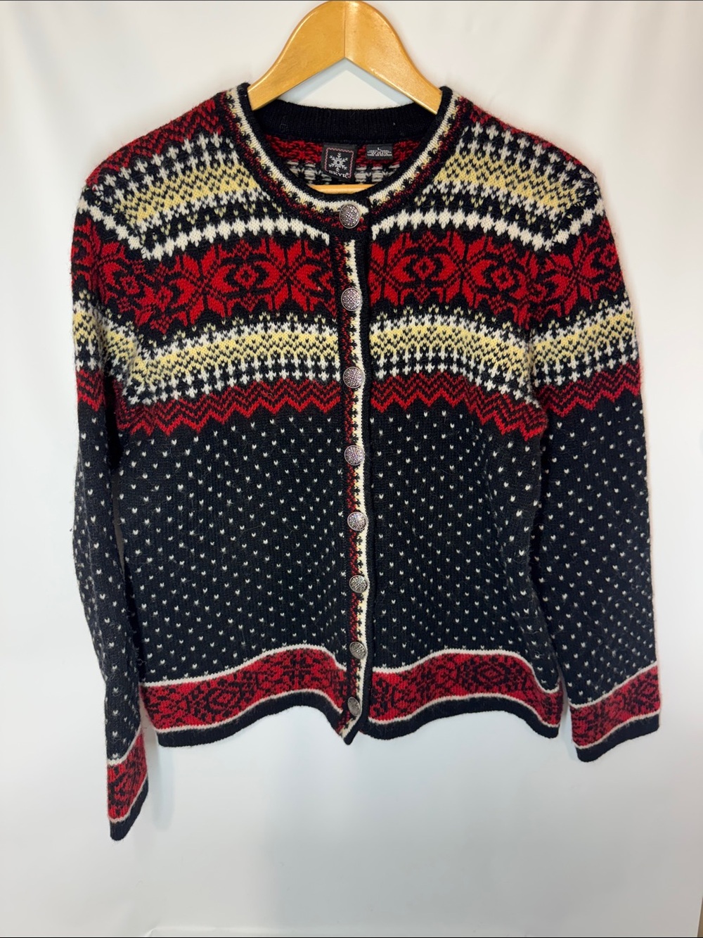 Vintage SKYR 100% Wool Nordic Fair Isle Cardigan Sweater Black Red Women's Large